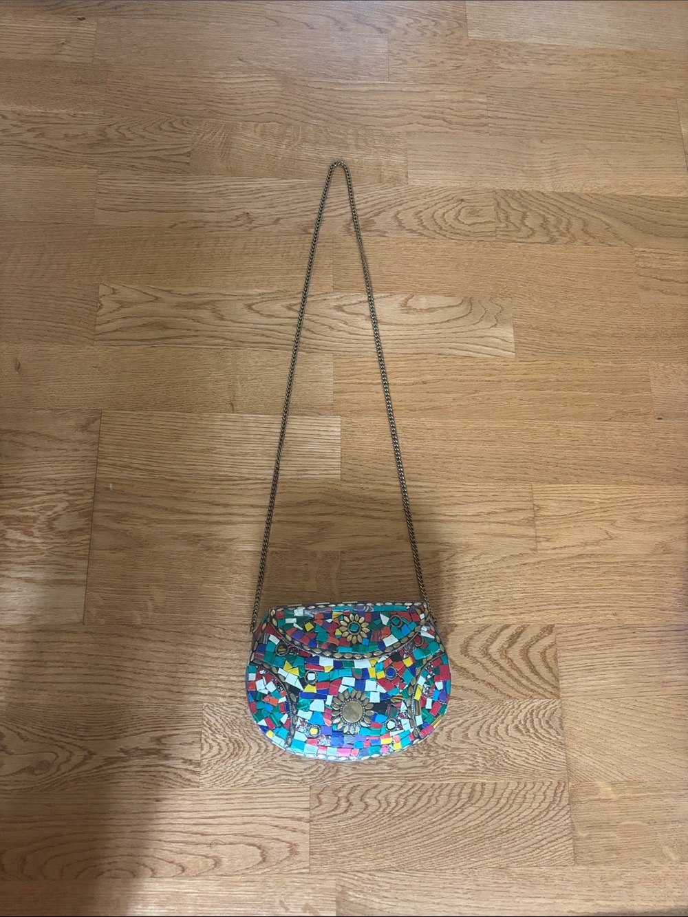 Vintage Multicolor Mosaic Tile Crossbody Bag with Chain Strap